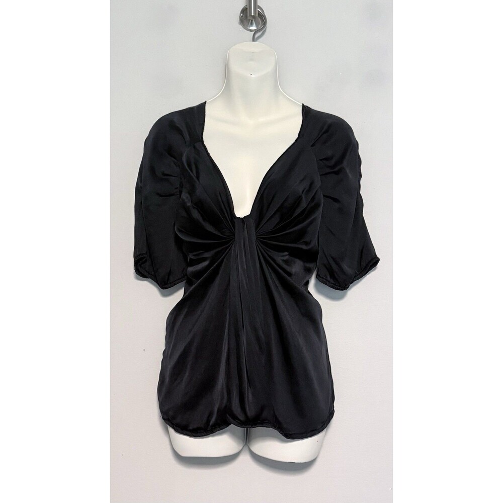 Gold Hawk 100% Silk Blouse Sz M Black Twist-Front Minimalist Plunge Neckline